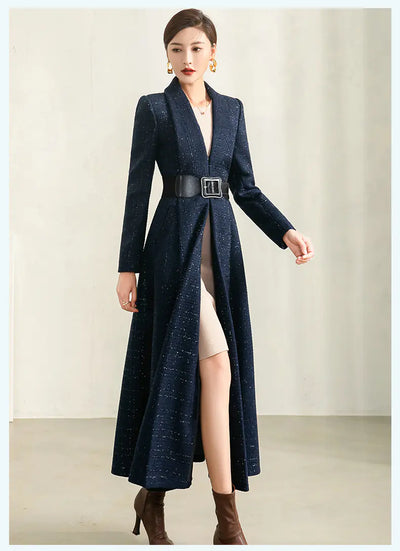 Medium Long Blue Plaid Coat for Women