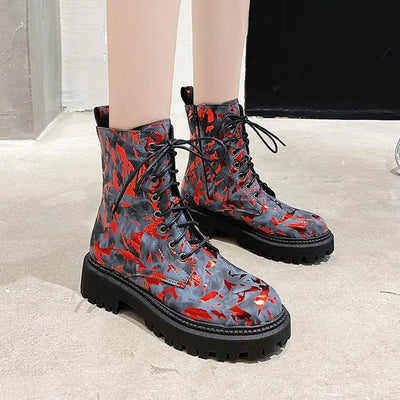 Floral Martin Boots for Women - Warm Winter Motorcycle Boots