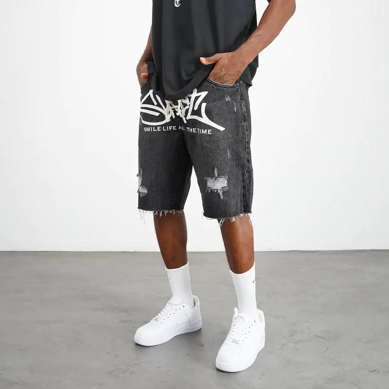Destructive Effect Graffiti Denim Shorts