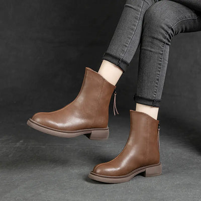 Cowhide Martin Boots with Thick Heel and Back Zipper
