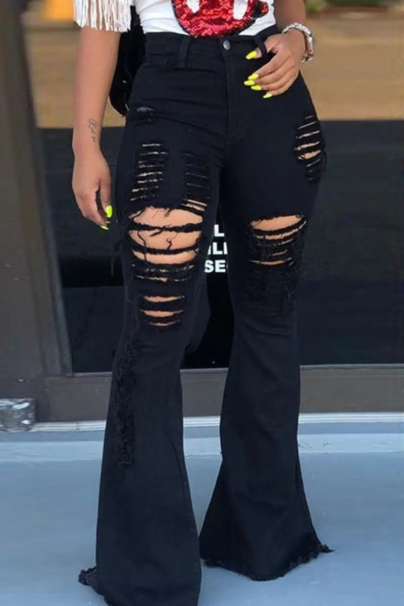 High-Waisted Retro Stretch Ripped Wide-Leg Jeans