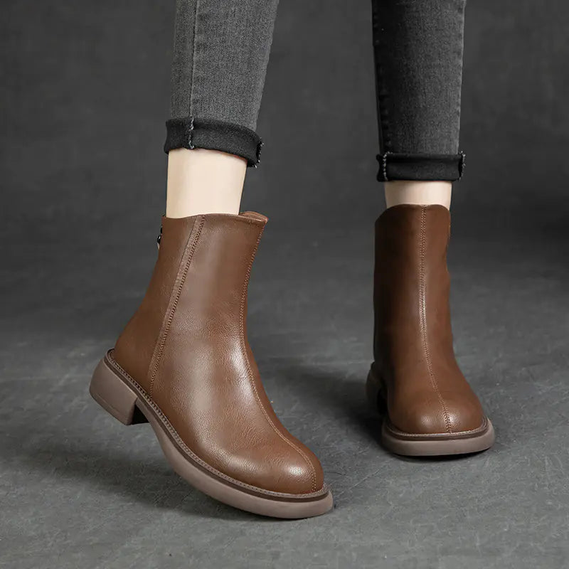 Cowhide Martin Boots with Thick Heel and Back Zipper