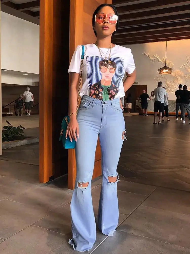 High-Waisted Retro Stretch Ripped Wide-Leg Jeans