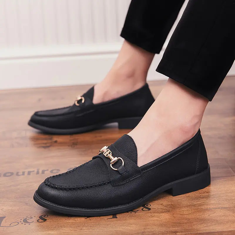 Men's Casual Soft Leather Loafers with Metal Buckle