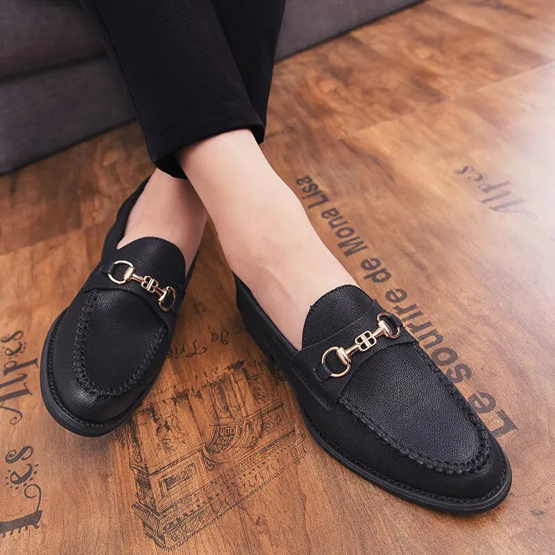 Men's Casual Soft Leather Loafers with Metal Buckle
