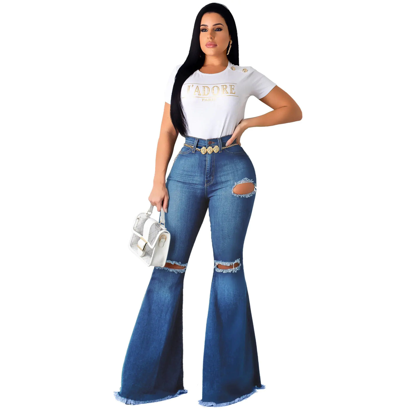 High-Waisted Retro Stretch Ripped Wide-Leg Jeans