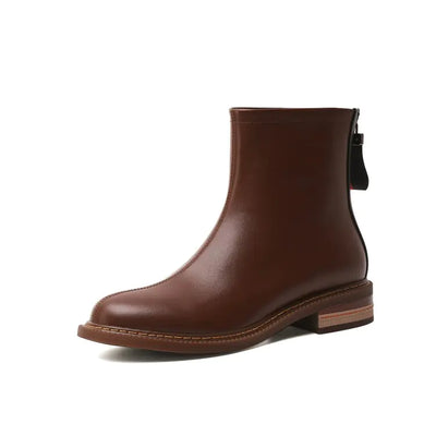 Cowhide Martin Boots with Thick Heel and Back Zipper