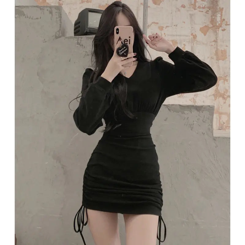 Fleece-Lined V-Neck Halter Dress with Drawstring Waist