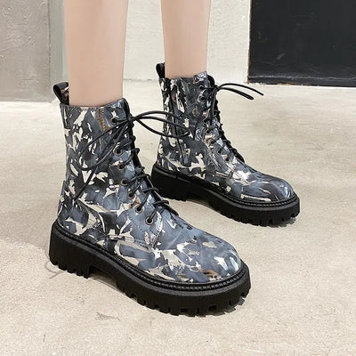 Floral Martin Boots for Women - Warm Winter Motorcycle Boots