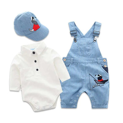 Cute Baby Outfit Set with Overalls, Hat, and Shirt