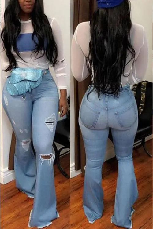 High-Waisted Retro Stretch Ripped Wide-Leg Jeans