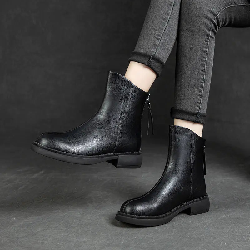 Cowhide Martin Boots with Thick Heel and Back Zipper