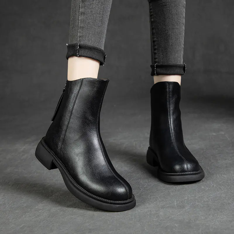 Cowhide Martin Boots with Thick Heel and Back Zipper