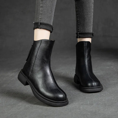 Cowhide Martin Boots with Thick Heel and Back Zipper