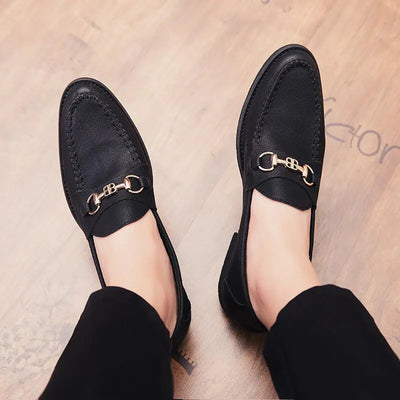 Men's Casual Soft Leather Loafers with Metal Buckle