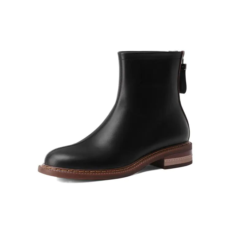 Cowhide Martin Boots with Thick Heel and Back Zipper