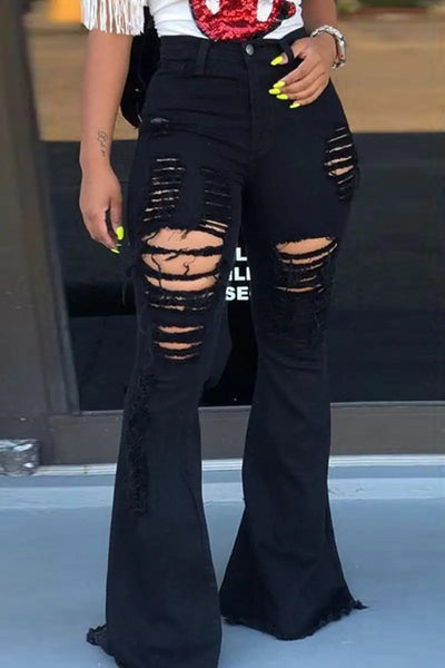 High-Waisted Retro Stretch Ripped Wide-Leg Jeans